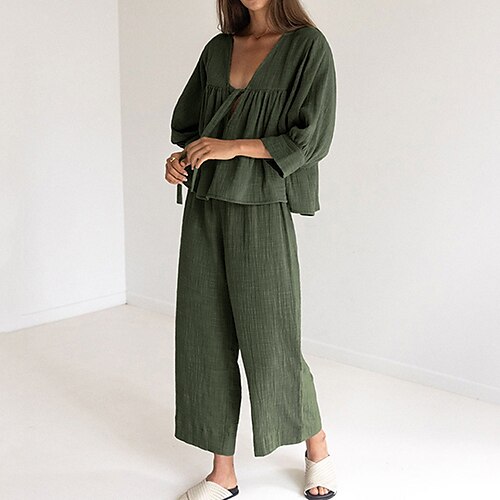 Dame Loungewear Sæt Ren farve Enkel Afslappet Komfort Hjem Gade Daglig Bomuld Åndbart V-strop Lang bukser Skjorte Bukse Efterår Forår Hvid Grøn
Dame Loungewear Sæt Ren farve Enkel Afslappet Komfort Hjem Gade Daglig Bomuld Åndbart V-strop Lang bukser Skjorte Bukse Efterår Forår Hvid Grøn