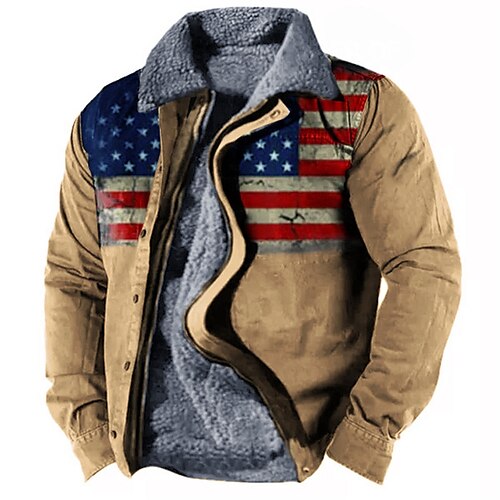 

Men's Jacket Fleece Lining With Pockets Daily Wear Vacation Going out Zipper Turndown Streetwear Sport Casual Daily Jacket Outerwear National Flag Print Wine Purple khaki