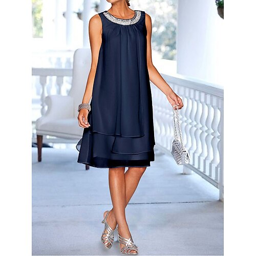 

Women's Party Dress Cocktail Dress Shift Dress Office Holiday Wedding Guest Midi Dress Party Stylish Crew Neck Sleeveless Sequins Layered Dark Blue Pure Color S M L XL 2XL