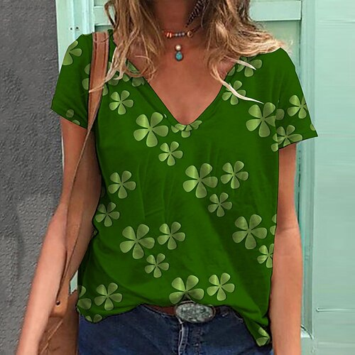 Dame T skjorte Sølv Gressgrønn Svart Blad St. Patrick's dag Trykt mønster Kortermet Daglig Helg Grunnleggende V-hals Normal Blomster Tema Maling S
Dame T skjorte Sølv Gressgrønn Svart Blad St. Patrick's dag Trykt mønster Kortermet Daglig Helg Grunnleggende V-hals Normal Blomster Tema Maling S
