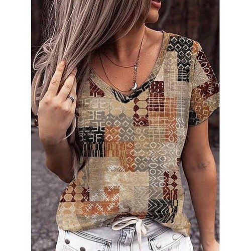 Dame T-shirt Gul Rød Kamel Geometrisk Stribet Trykt mønster Kortærmet Daglig Weekend Basale V-hals Normal Geometrisk Maleri S
Dame T-shirt Gul Rød Kamel Geometrisk Stribet Trykt mønster Kortærmet Daglig Weekend Basale V-hals Normal Geometrisk Maleri S