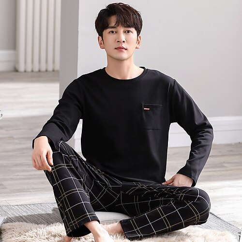 Herre Loungewear Pyjamas Sæt Pyjamas top og bukser 1set Ternet Stilfuld Afslappet Hjem Daglig Seng Bomuld Åndbart Blød Rund hals Kortærmet T-shirt Bukse Elastisk Talje Forår Sommer Sort 
Herre Loungewear Pyjamas Sæt Pyjamas top og bukser 1set Ternet Stilfuld Afslappet Hjem Daglig Seng Bomuld Åndbart Blød Rund hals Kortærmet T-shirt Bukse Elastisk Talje Forår Sommer Sort