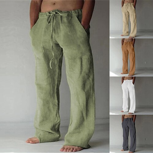 

Men's Linen Pants Trousers Summer Pants Baggy Beach Pants Drawstring Front Pocket Straight Leg Plain Comfort Soft Full Length Yoga Holiday Beach Fashion Hawaiian Black White