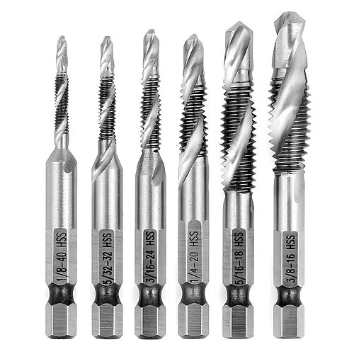 6pcs HSS Combination Drill And Tap Bit Set, Fractional 1/8, 5/32, 3/16, 1/4, 5/16, 3/8, With 1/4Hex Shank, Spiral Flute Tapping Tool Set Kit, Hand Tool For Tapping In Wood Plastic And Aluminum
6pcs HSS Combination Drill And Tap Bit Set, Fractional 1/8, 5/32, 3/16, 1/4, 5/16, 3/8, With 1/4Hex Shank, Spiral Flute Tapping Tool Set Kit, Hand Tool For Tapping In Wood Plastic And Aluminum