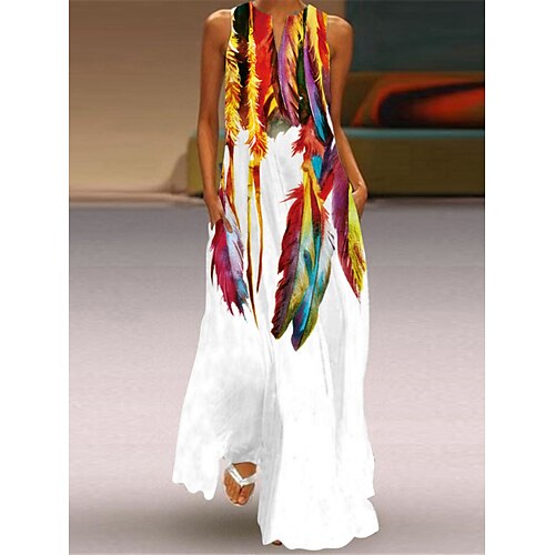 

Women's Casual Dress Print V Neck Maxi long Dress Vacation Sleeveless Summer Spring