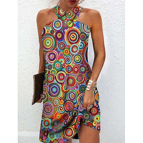 

Women's Shift Dress Graphic Print Halter Neck Mini Dress Daily Vacation Sleeveless Summer Spring