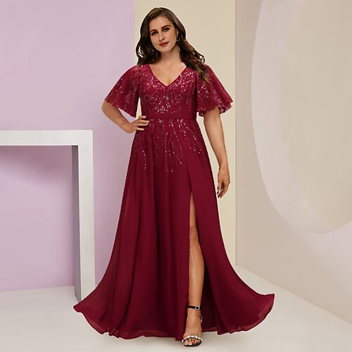 Plus Size Curve Kjole til brudens mor Bryllupsgæst Elegant Glitrende V-hals Gulvlang Chiffon Blondelukning Pailletter Kortærmet med Plissé Opdelt front 2023
Plus Size Curve Kjole til brudens mor Bryllupsgæst Elegant Glitrende V-hals Gulvlang Chiffon Blondelukning Pailletter Kortærmet med Plissé Opdelt front 2023