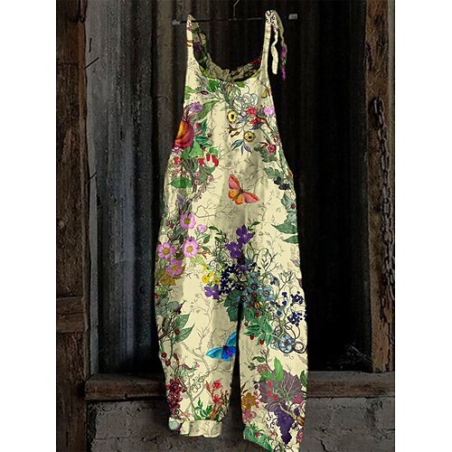 

Women's Overall Utility Print Floral Crew Neck Trug Life Streetwear Daily Vacation Loose Fit Sleeveless White Pink Red S M L Summer Fall