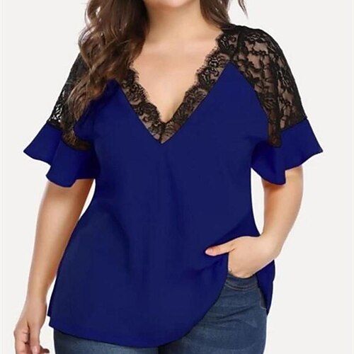 Dame T-shirt Sort Gul Lyserød Vanlig Blonder Patchwork Kortærmet Afslappet Basale V-hals Normal Plusstørrelser M
Dame T-shirt Sort Gul Lyserød Vanlig Blonder Patchwork Kortærmet Afslappet Basale V-hals Normal Plusstørrelser M