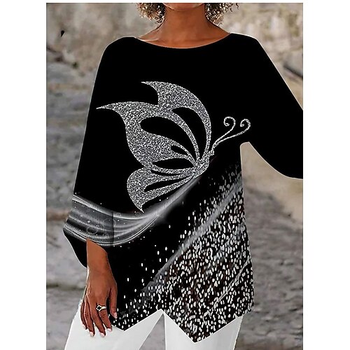 

Women's Shirt Blouse Graphic Butterfly Casual White Gray Print Asymmetric Long Sleeve Basic Round Neck Regular Fit Spring Fall