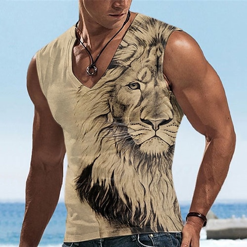 

Lion Sleeveless Mens 3D Shirt For Beach | Tan Summer Cotton | Men'S Vest Top Graphic Animal Neck Clothing Apparel 3D Print Sports Running Designer