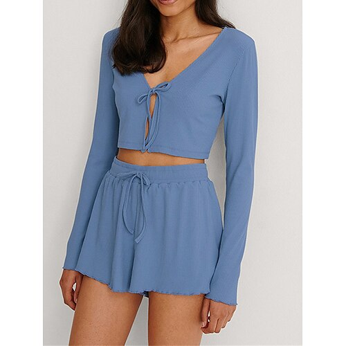 Dame lounge Sett Ren farge Fritid Komfort Myk Hjem Gate Daglig Polyester Pustende V-splitt Langermet Genser Shorts Vår Sommer Svart Blå
Dame lounge Sett Ren farge Fritid Komfort Myk Hjem Gate Daglig Polyester Pustende V-splitt Langermet Genser Shorts Vår Sommer Svart Blå