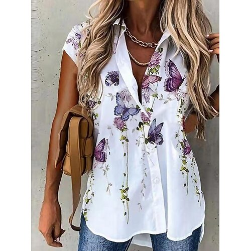 

Women's Shirt Blouse Butterfly Button Print Casual Weekend Basic Short Sleeve Shirt Collar Black