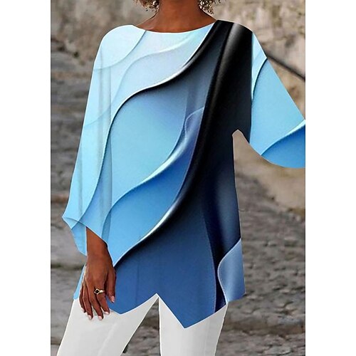 

Women's Shirt Blouse Black White Blue Graphic Abstract Asymmetric Print Long Sleeve Casual Basic Round Neck