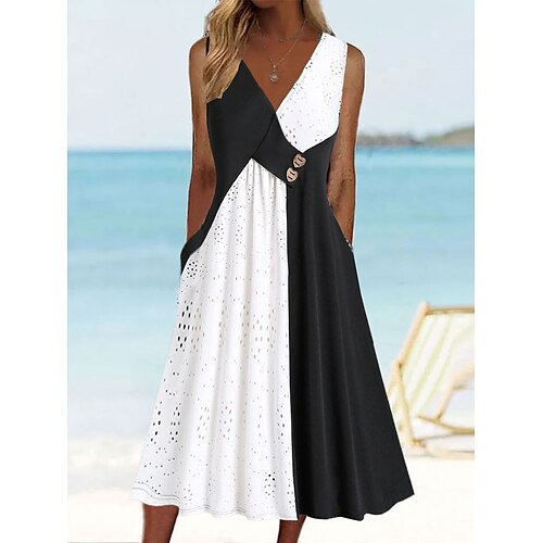 

Women's Casual Dress Tank Dress Summer Dress Color Block Lace Ruched V Neck Midi Dress Fashion Modern Daily Holiday Sleeveless Loose Fit White Blue Green Summer Spring S M L XL XXL