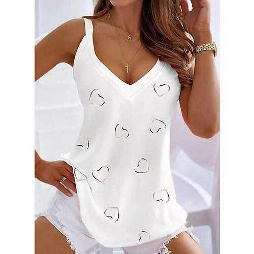 

Women's Tank Top Going Out Tops Summer Tops Black White Pink Heart Print Sleeveless Casual Weekend Tunic Basic V Neck Regular S