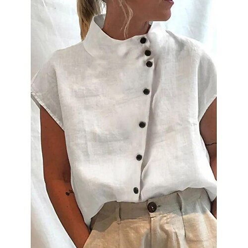 

Жен. Рубашка Блуза Водолазка Полотняное плетение Повседневные кнопка Белый С короткими рукавами Элегантный стиль Мода Классический Воротник-стойка