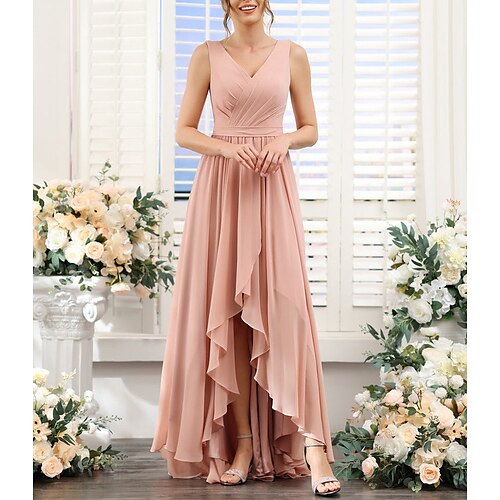 A-linje Brudepigekjole V-hals Uden ærmer Lyserød Assymetrisk Chiffon med Draperet / Opdelt front / Ruche 2022
A-linje Brudepigekjole V-hals Uden ærmer Lyserød Assymetrisk Chiffon med Draperet / Opdelt front / Ruche 2022