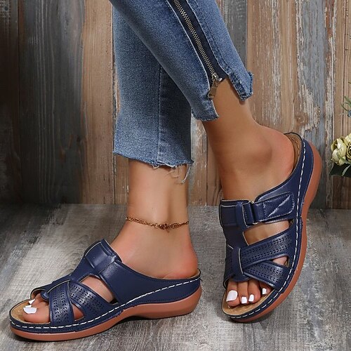 

Women's Sandals Slippers Wedge Heels Plus Size Outdoor Slippers Daily Beach Walking Summer Flat Heel Open Toe Casual Minimalism Faux Leather Loafer Solid Color Black Red Blue