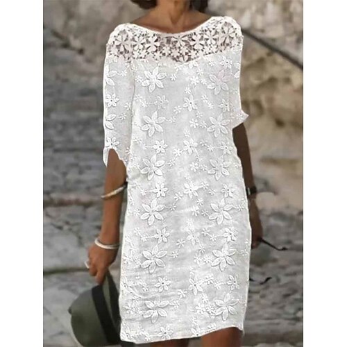 

Women's Cotton Linen Dress Shift Dress Midi Dress Contrast Lace Embroidered Elegant Daily Crew Neck Half Sleeve Summer Spring White