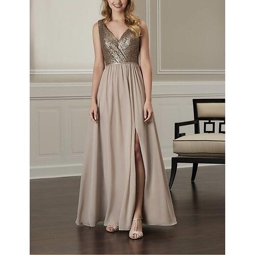A-linje Brudepikekjole stropper / Stikkende halslinje / Krysstropper foran Ermeløs Elegant Gulvlengde Chiffon / Shantung / Paljetter med Plissert / Paljett / Drapering 2022
A-linje Brudepikekjole stropper / Stikkende halslinje / Krysstropper foran Ermeløs Elegant Gulvlengde Chiffon / Shantung / Paljetter med Plissert / Paljett / Drapering 2022