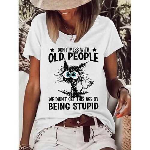 

Women's T shirt Tee Cat Letter Text Daily Weekend Print White Short Sleeve Basic Round Neck