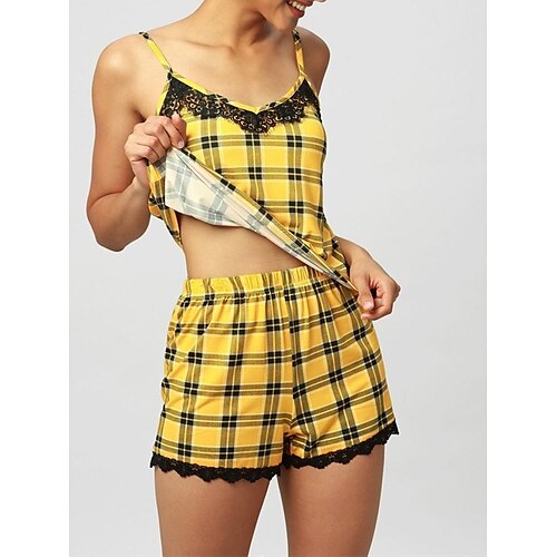 Dame Pyjamas Pyjamas top og bukser Sæt Gitter / Plaid Enkel Afslappet Komfort Hjem Daglig Seng Polyester Åndbart Remme Uden ærmer Strop Top Shorts Åben ryg Elastisk Talje Sommer Forår Gul
Dame Pyjamas Pyjamas top og bukser Sæt Gitter / Plaid Enkel Afslappet Komfort Hjem Daglig Seng Polyester Åndbart Remme Uden ærmer Strop Top Shorts Åben ryg Elastisk Talje Sommer Forår Gul