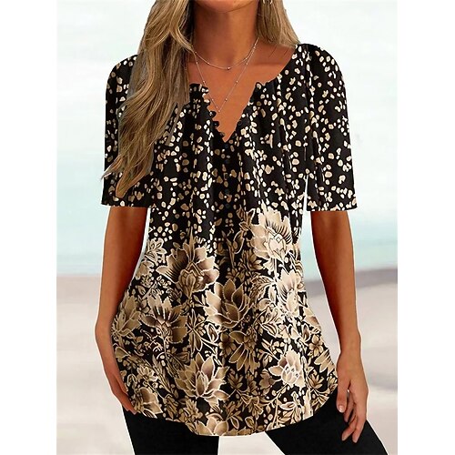 Women's Henley Shirt T shirt Tee Black White Blue Floral Button Print Short Sleeve Holiday Weekend Basic Round Neck Regular Floral S
Women's Henley Shirt T shirt Tee Black White Blue Floral Button Print Short Sleeve Holiday Weekend Basic Round Neck Regular Floral S