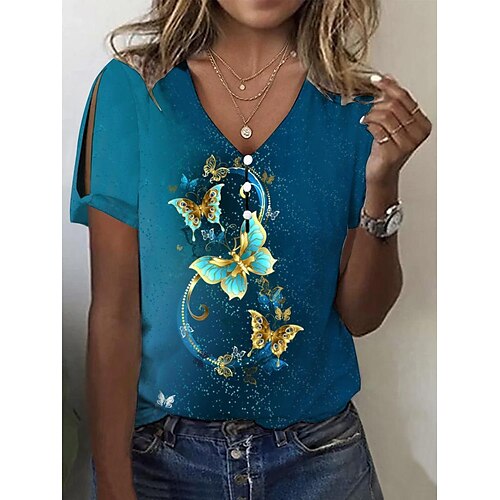 Mujer Camiseta Azul Marino Azul Piscina Dorado Mariposa Botón Cortado Manga Corta Festivos Fin de semana Básico Escote en Pico Regular Mariposa Pintura S
Mujer Camiseta Azul Marino Azul Piscina Dorado Mariposa Botón Cortado Manga Corta Festivos Fin de semana Básico Escote en Pico Regular Mariposa Pintura S