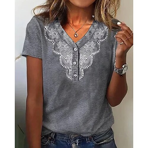 Mulheres Camiseta Cinzento Gráfico Botão Imprimir Manga Curta Diário Final de semana Básico Decote V Padrão Pintura S
Mulheres Camiseta Cinzento Gráfico Botão Imprimir Manga Curta Diário Final de semana Básico Decote V Padrão Pintura S