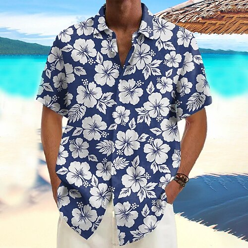 

Мужская летняя гавайская рубашка, летняя рубашка, повседневная рубашка, пляжная рубашка, красная, синяя, зеленая, с короткими рукавами, с лацканами с цветами/растениями, весна& летняя гавайская