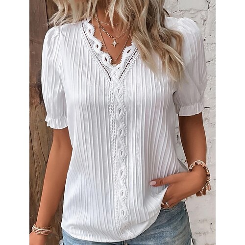 

Women's Lace Shirt Blouse Plain Casual Contrast Lace Patchwork White Short Sleeve Elegant Basic V Neck Summer