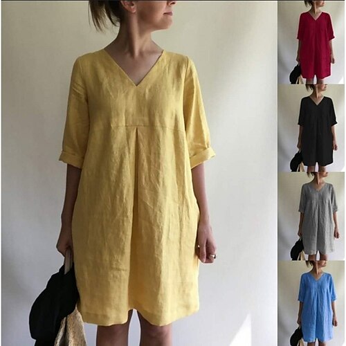 

Women's Cotton Linen Dress Casual Dress Shift Dress Mini Dress Cotton Blend Basic Classic Outdoor Daily Vacation V Neck Ruched Rolled Cuff Half Sleeve Summer Spring Linen Loose Fit Black Yellow Wine