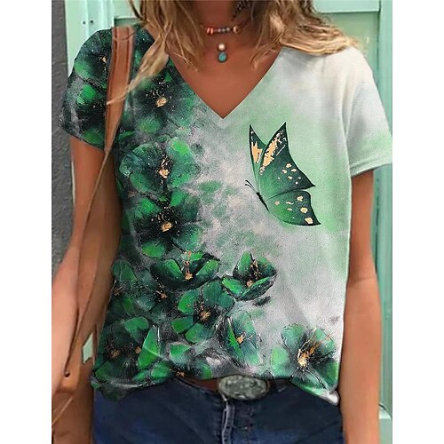 Women's T shirt Tee Blue Purple Fuchsia Floral Butterfly Print Short Sleeve Holiday Weekend Basic V Neck Regular Floral Butterfly Painting S
Women's T shirt Tee Blue Purple Fuchsia Floral Butterfly Print Short Sleeve Holiday Weekend Basic V Neck Regular Floral Butterfly Painting S