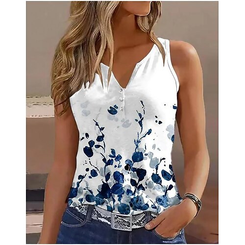 

Women's Tank Top Floral Tree Casual Holiday White Gray Button Print Sleeveless Basic V Neck