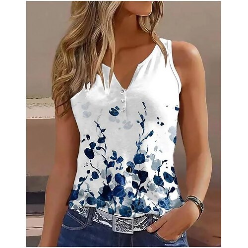 

Women's Tank Top Floral Tree Casual Holiday Button Print White Sleeveless Basic V Neck