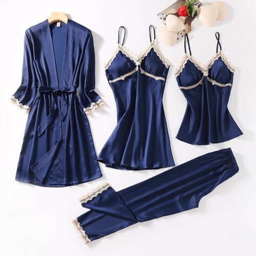 Dame Pyjamas Sexet lingeri Sæt 4 Dele Ren farve Mode Enkel Blødt Hjem Daglig Seng Satin Åndbart V-strop Langærmet Bukse Elastisk Talje Sommer Forår Sort Navyblå
Dame Pyjamas Sexet lingeri Sæt 4 Dele Ren farve Mode Enkel Blødt Hjem Daglig Seng Satin Åndbart V-strop Langærmet Bukse Elastisk Talje Sommer Forår Sort Navyblå