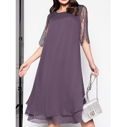 Linjeform Kjole til brudens mor Bryllupsgjest Enkel Elegant Øsehals Knelengde Chiffon Halvlange ermer med Ensfarget 2023
Linjeform Kjole til brudens mor Bryllupsgjest Enkel Elegant Øsehals Knelengde Chiffon Halvlange ermer med Ensfarget 2023
