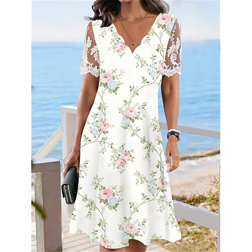 

Women's Lace Print Scalloped Neck Lace Sleeve Midi Dress Daily Vacation Short Sleeve Summer Spring