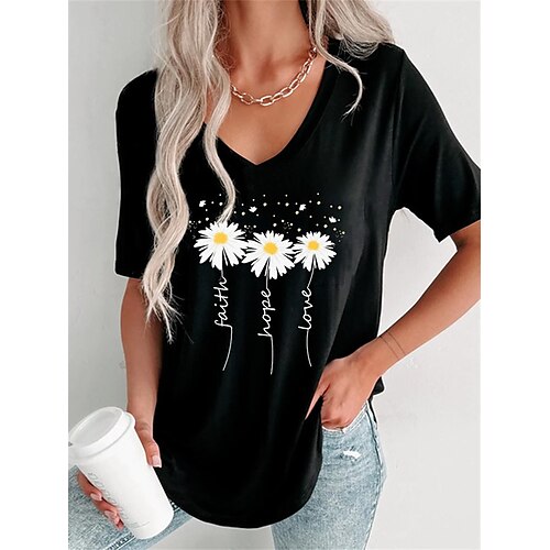 Women's T shirt Tee Black Daisy Print Short Sleeve Holiday Weekend Basic V Neck Regular Floral Painting S
Women's T shirt Tee Black Daisy Print Short Sleeve Holiday Weekend Basic V Neck Regular Floral Painting S