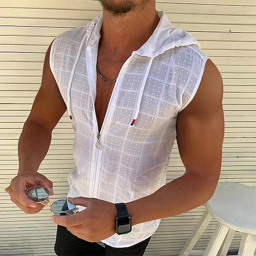 

Men's Casual Shirt Black White Yellow Red Green Sleeveless Plaid / Striped / Chevron / Round Solid / Plain Color Turndown Street Vacation Zip Up Clothing Apparel Fashion Leisure