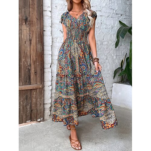 

Women's Long Dress Maxi Dress Casual Dress Swing Dress Summer Dress Floral Paisley Tribal Fashion Casual Outdoor Daily Holiday Ruched Print Short Sleeve V Neck Dress Loose Fit Green Red Orange