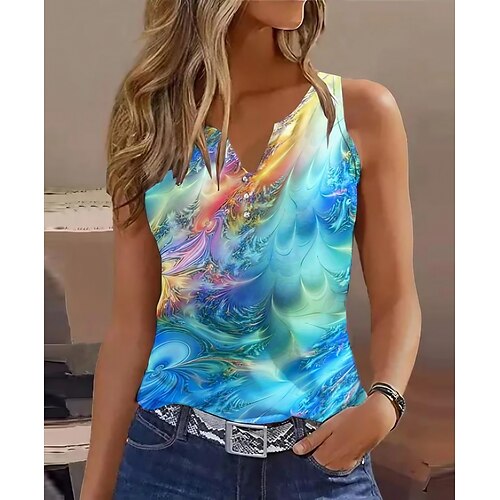 

Women's Tank Top Graphic Casual Button Print Blue Sleeveless Basic Neon & Bright V Neck