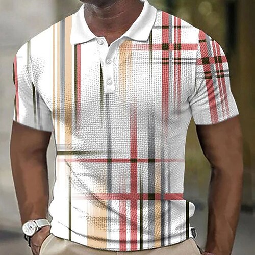 

Men's Waffle Polo Shirt Button Up Polos Lapel Polo Polo Shirt Golf Shirt Striped Graphic Prints Geometry Turndown Red Blue Orange Green Outdoor Street Short Sleeve Print Clothing Apparel Fashion