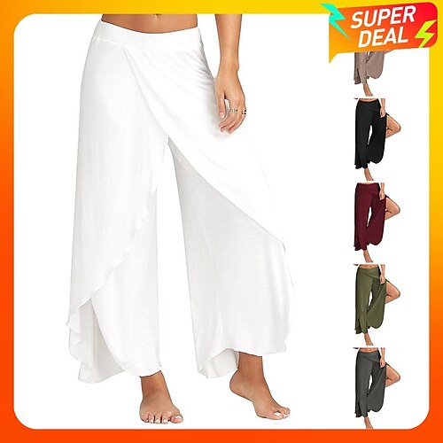 

Women's Culottes Wide Leg Chinos Pants Trousers Baggy Black White Wine Mid Waist Basic Casual / Sporty Casual Daily Yoga Ruffle Layered Stretchy Letter S M L XL XXL