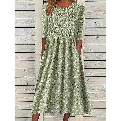 

Women's Floral Ditsy Floral Ruched Print Crew Neck Midi Dress Daily Vacation Half Sleeve Summer Spring