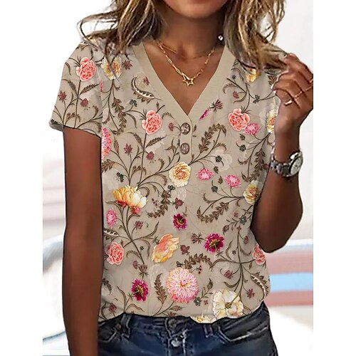 Mulheres Camiseta Cáqui Floral Imprimir Manga Curta Feriado Final de semana Básico Decote V Padrão Tema Flores Pintura S
Mulheres Camiseta Cáqui Floral Imprimir Manga Curta Feriado Final de semana Básico Decote V Padrão Tema Flores Pintura S