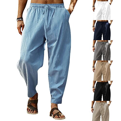 

Men's Linen Pants Trousers Summer Pants Pocket Plain Comfort Breathable Outdoor Daily Going out Linen / Cotton Blend Fashion Casual Black White