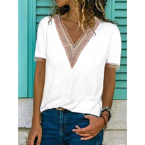 Mulheres Camiseta Vermelho Vinho off white Preto Tecido Guarnição do laço Manga Curta Diário Final de semana Básico Decote V Padrão S
Mulheres Camiseta Vermelho Vinho off white Preto Tecido Guarnição do laço Manga Curta Diário Final de semana Básico Decote V Padrão S