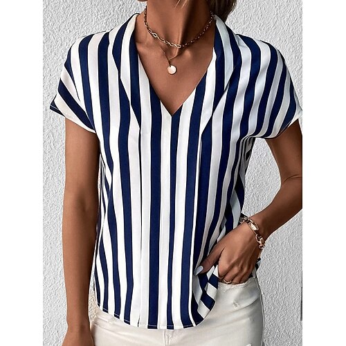 Women's Shirt Blouse Black Blue Green Striped Print Short Sleeve Casual Basic V Neck Regular S
Women's Shirt Blouse Black Blue Green Striped Print Short Sleeve Casual Basic V Neck Regular S